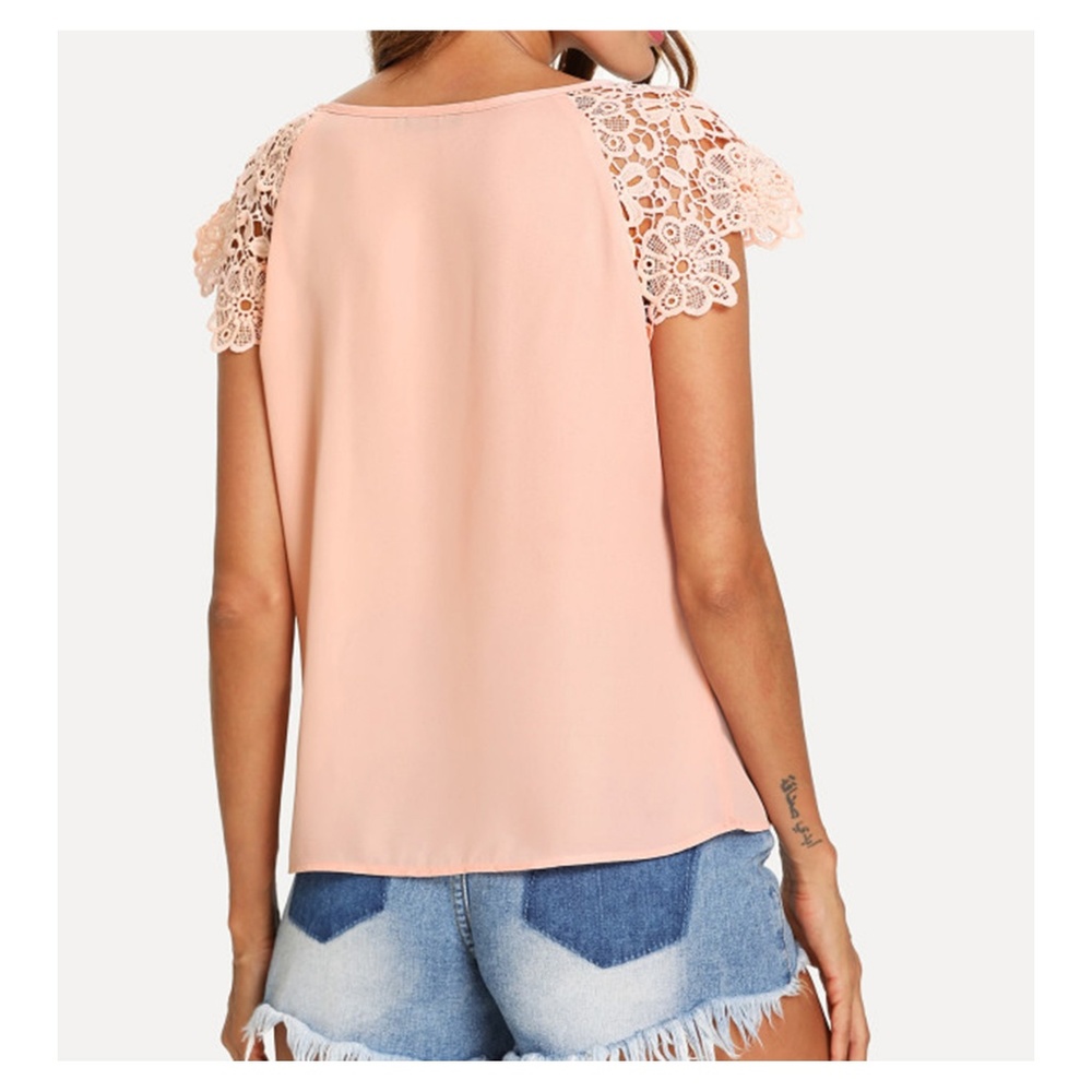 Pink Short Sleeve Floral Lace Blouse Top - Picture 4 of 5